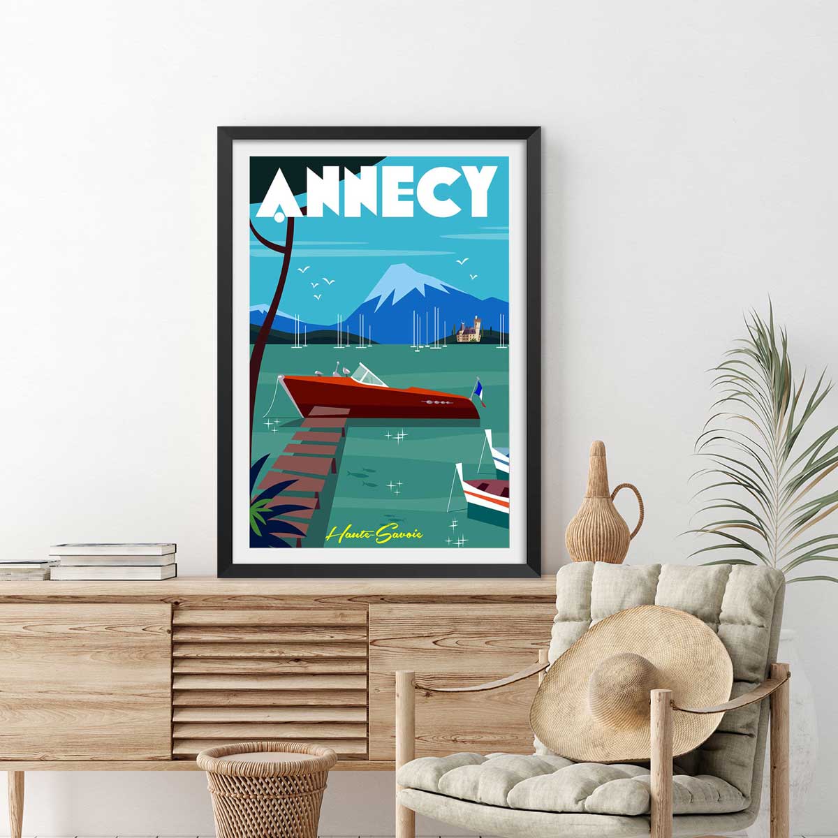 Poster de château et lac d' annecy affiche + cadre en bois - noir, HEXOA