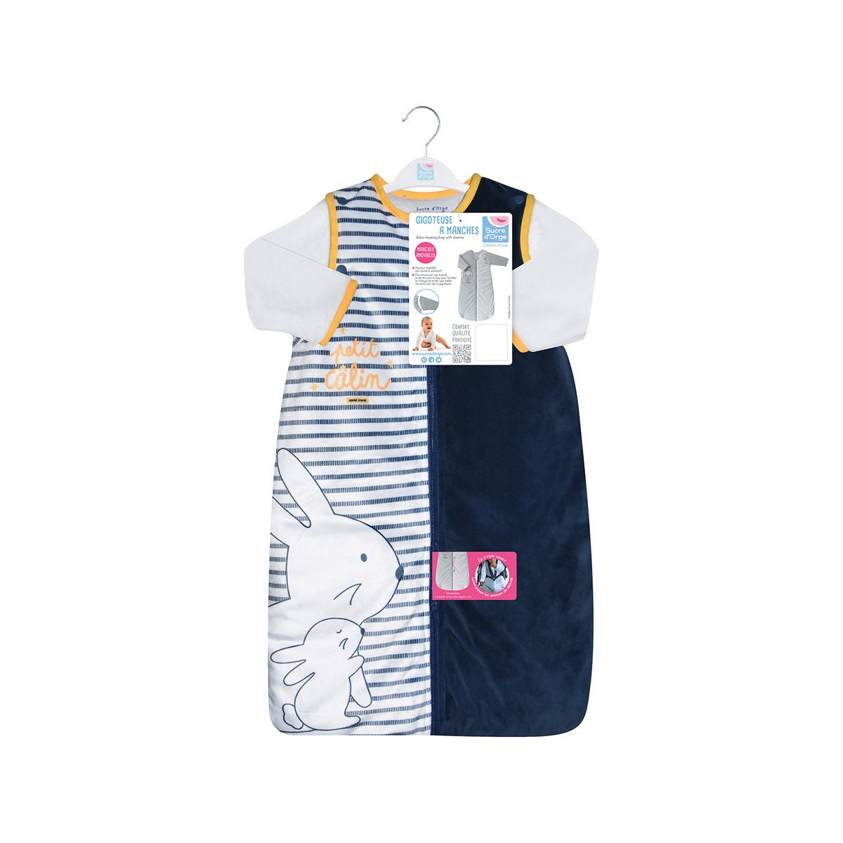 Gigoteuse 0/6m idir velours doux manches amovibles securite auto bleu, SUCRE D'ORGE