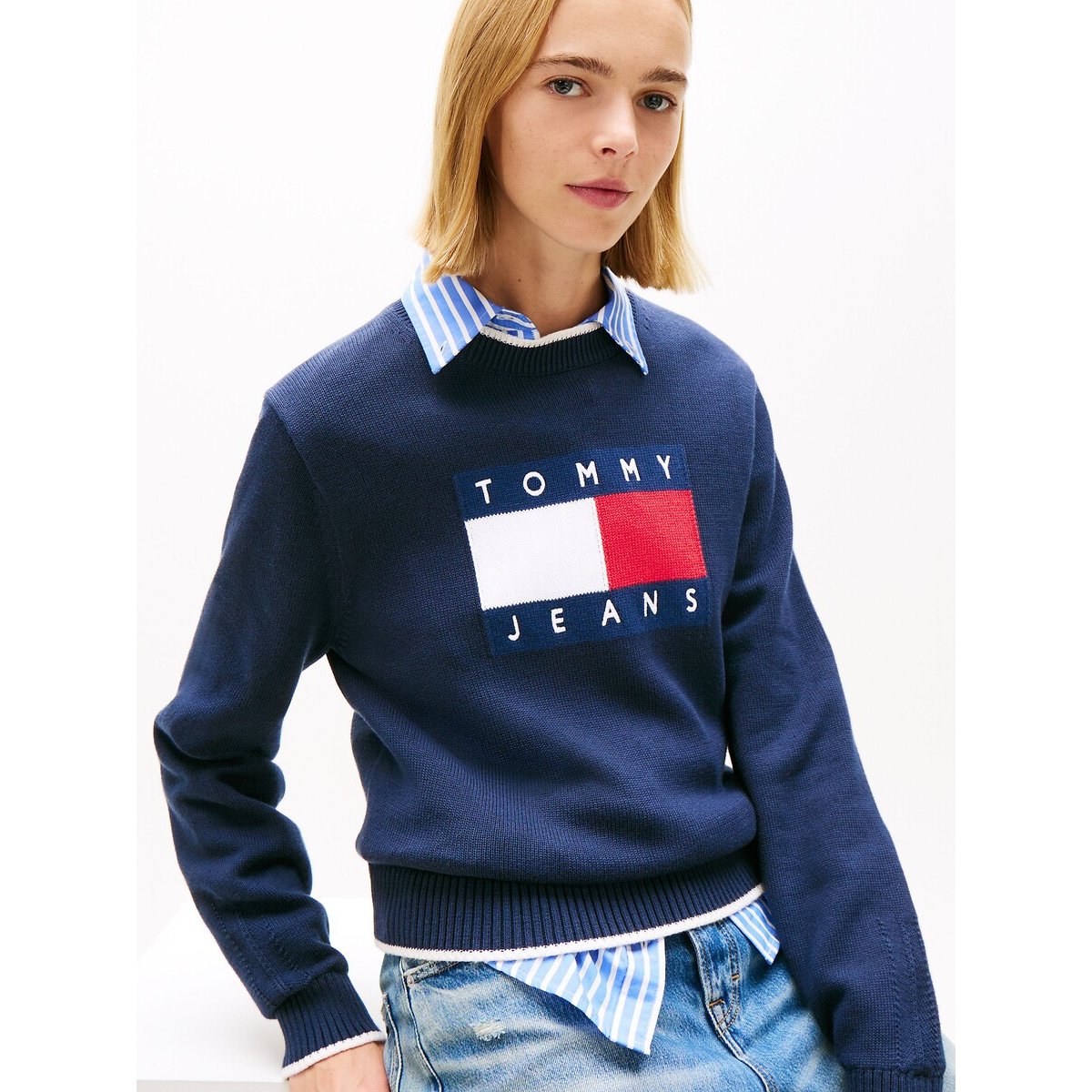 Pull col rond, manches longues, logo marine, TOMMY JEANS