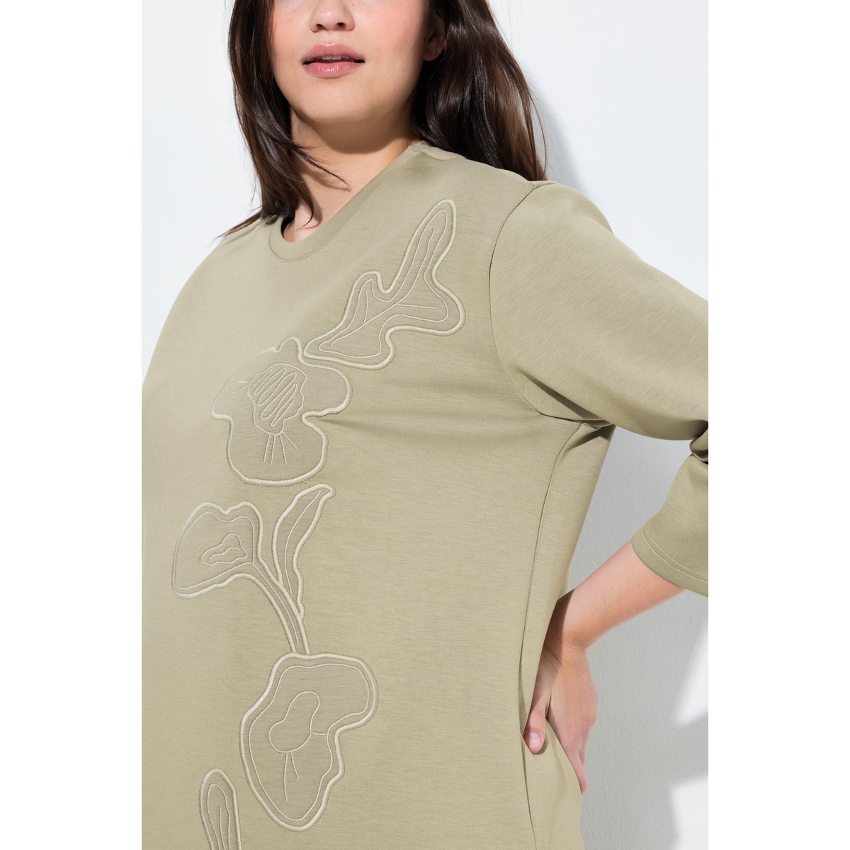 Sweat-shirt col rond et manches 3/4 kaki clair, ULLA POPKEN