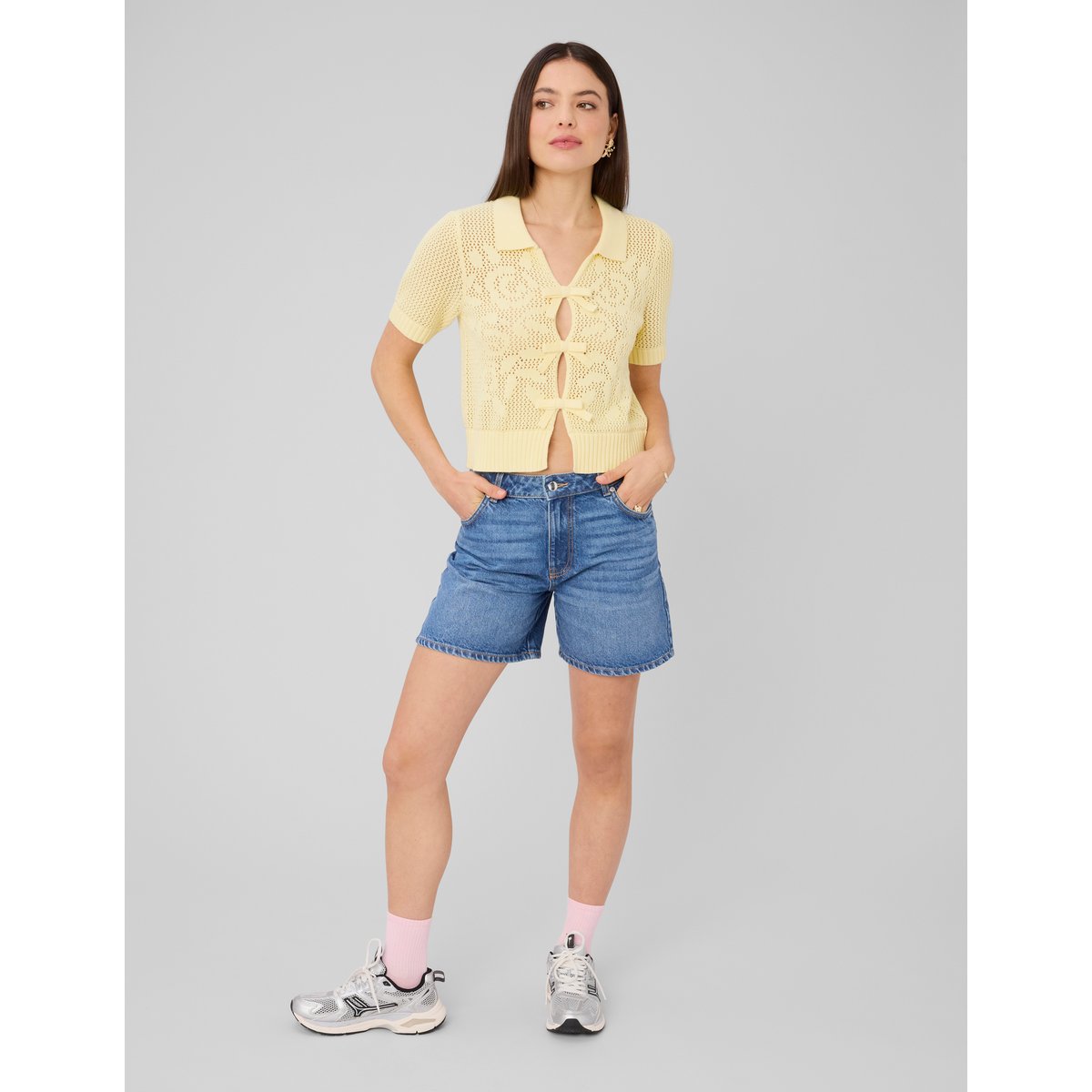 Pull manches courtes en crochet jaune, BZB