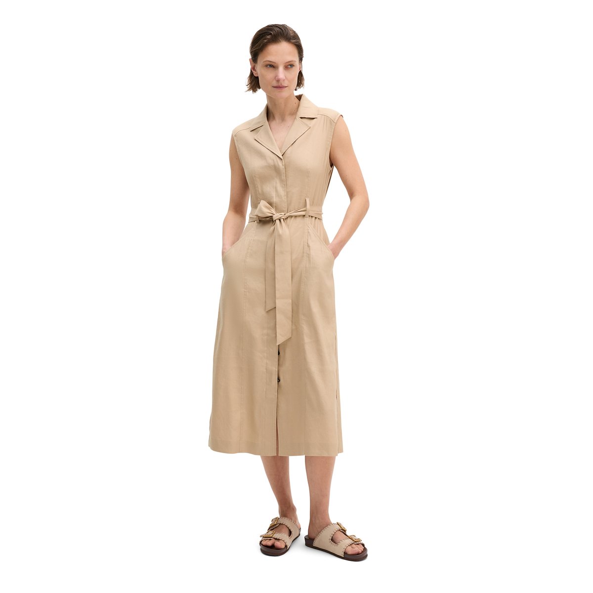 Robe sans manches regular en viscose-lin stretch beige, MARC O'POLO