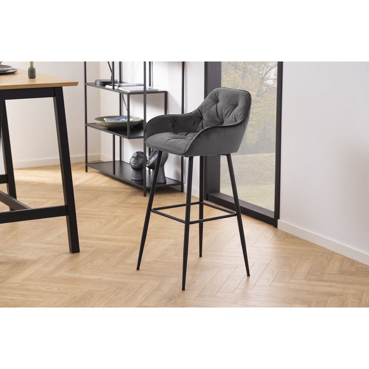 Lot de 2 chaises de bar rembourrées en velours avec accoudoirs FLORIE gris, TOILINUX
