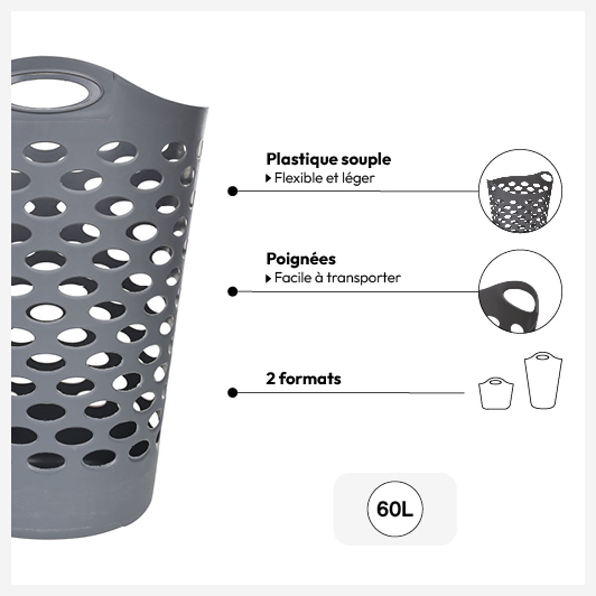 Corbeille à linge souple 60L gris, 5FIVE SIMPLY SMART