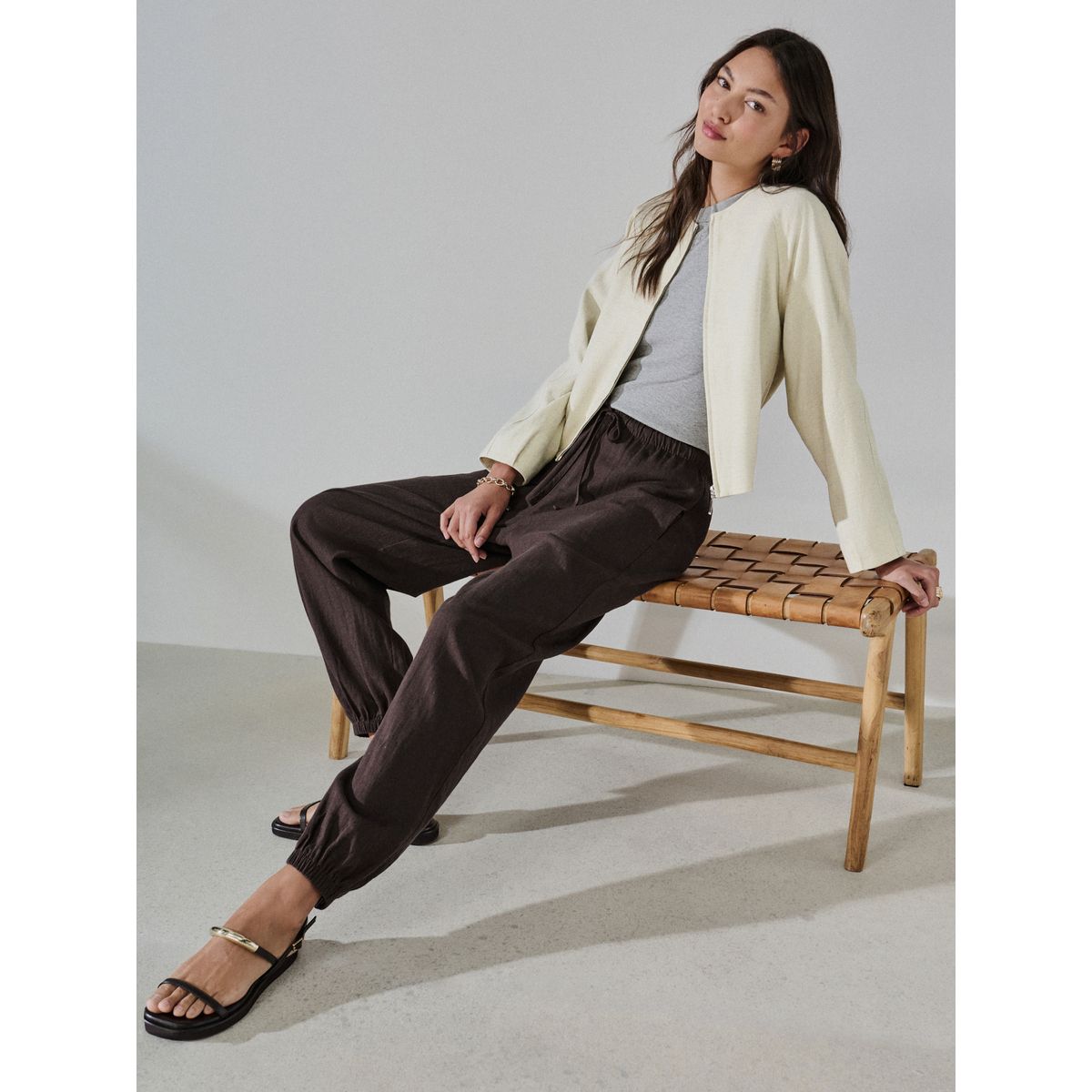 Blouson aviateur léger sans col en lin naturel, NEXT