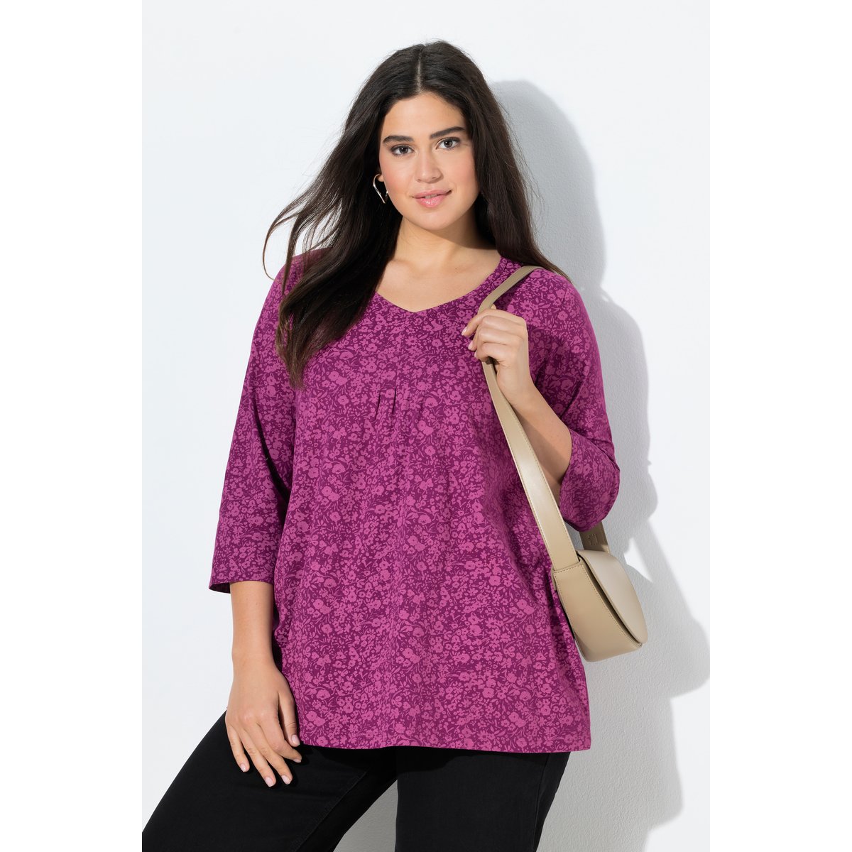T-shirt à fleurs, plis fantaisie framboise, ULLA POPKEN