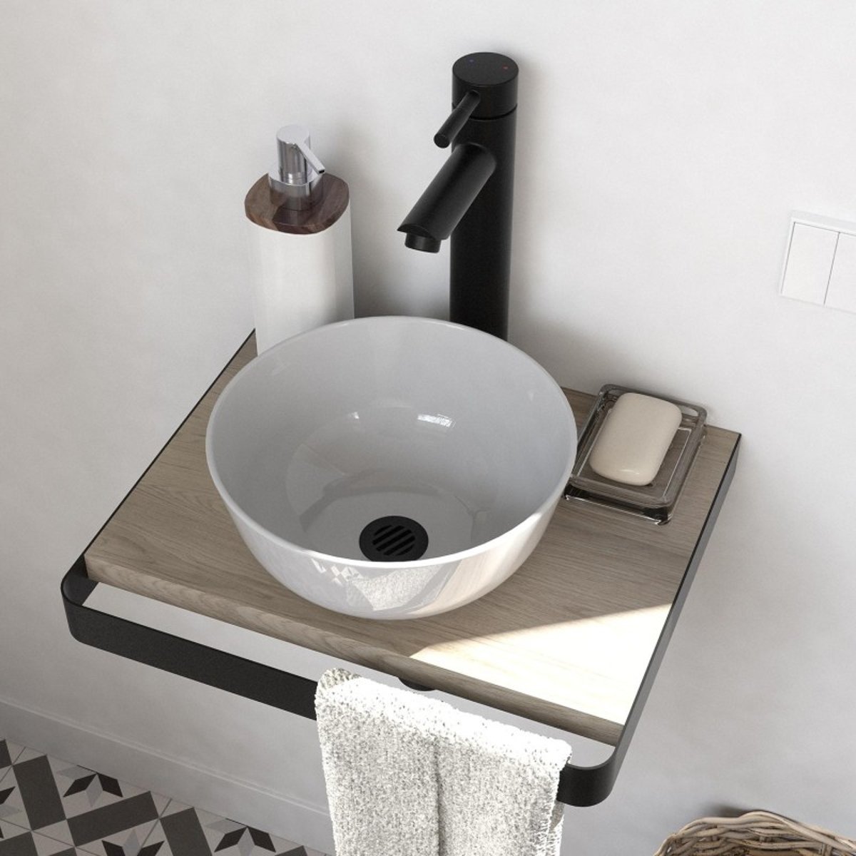 Lave-mains plan fin + vasque + miroir SOHO décor chêne, MOB IN