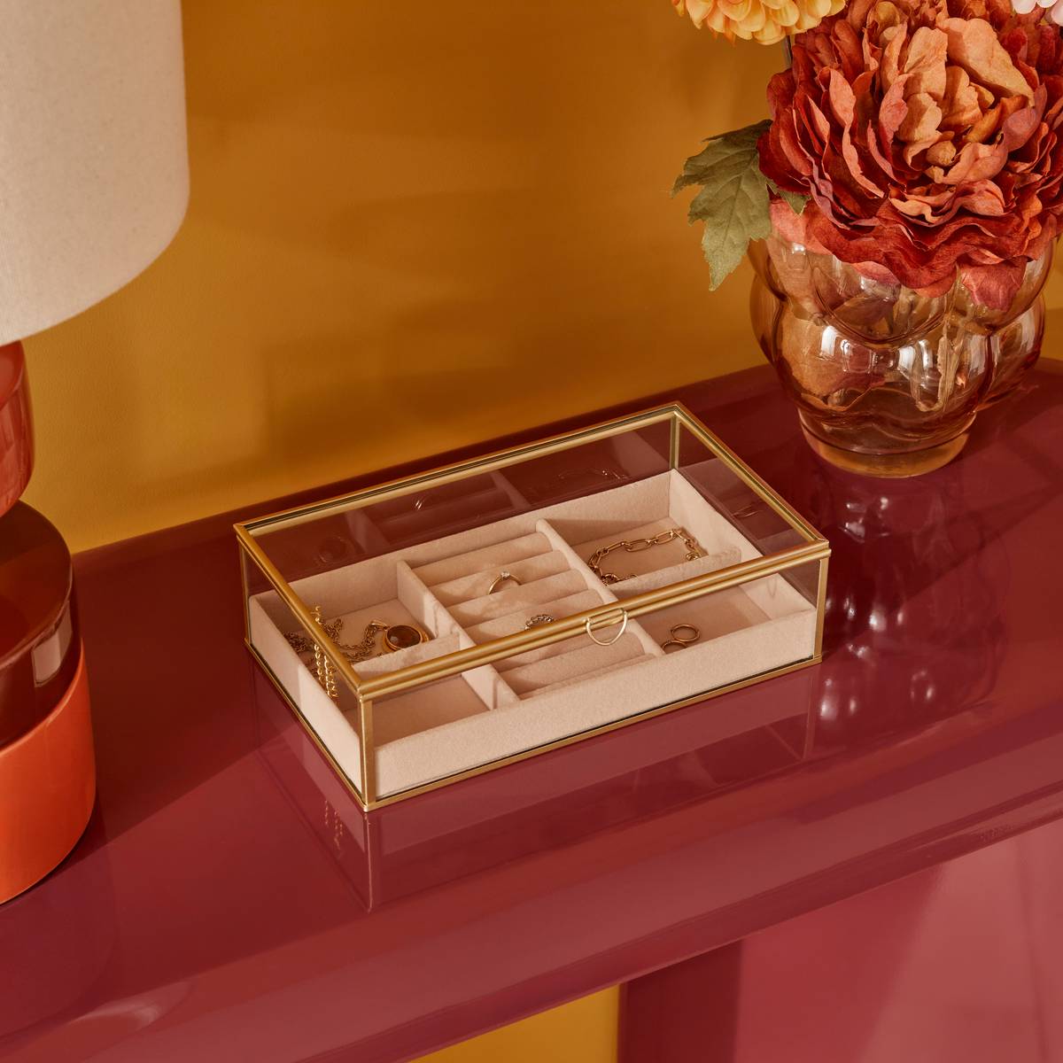 Boîte à bijoux rectangulaire en verre JUDE transparente et doré, ATMOSPHERA