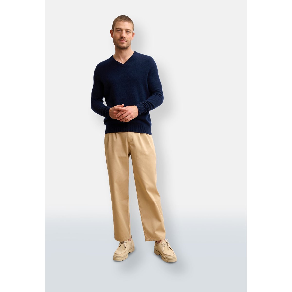 Pull Col V 4 Fils Navy Nathan bleu foncé, JUST CASHMERE