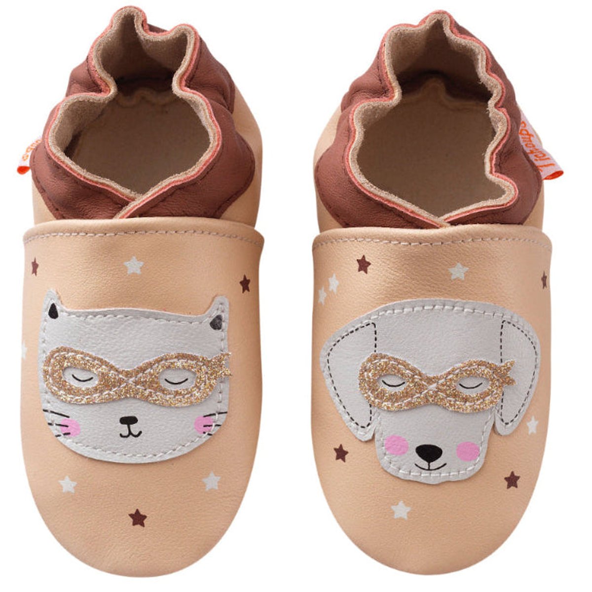 Chaussons bébé cuir souple Côme et Claire au bal masqué rose, TICHOUPS