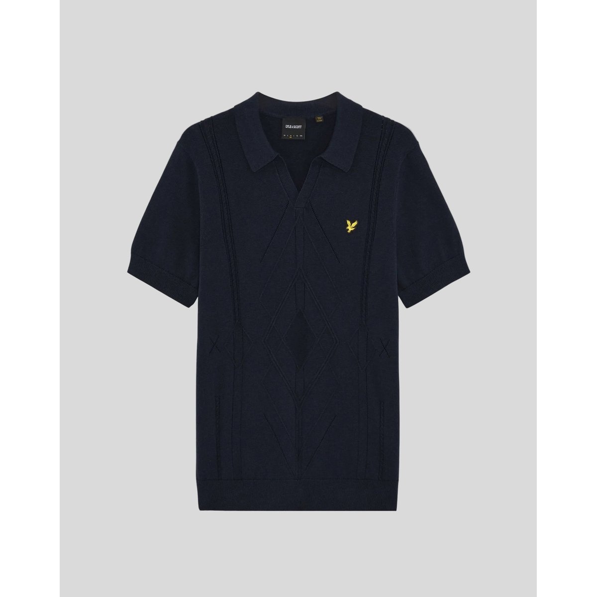 Polo col ouvert à losanges en maille bleu foncé marine, LYLE & SCOTT