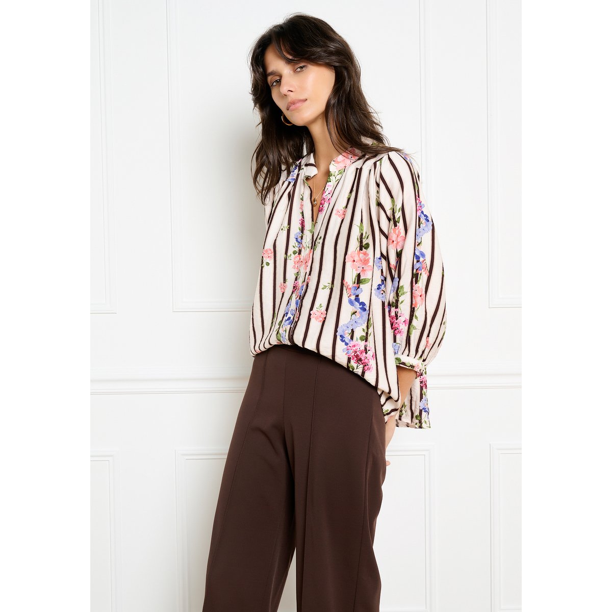 Chemise à rayures et fleurs blanc, LOLALIZA
