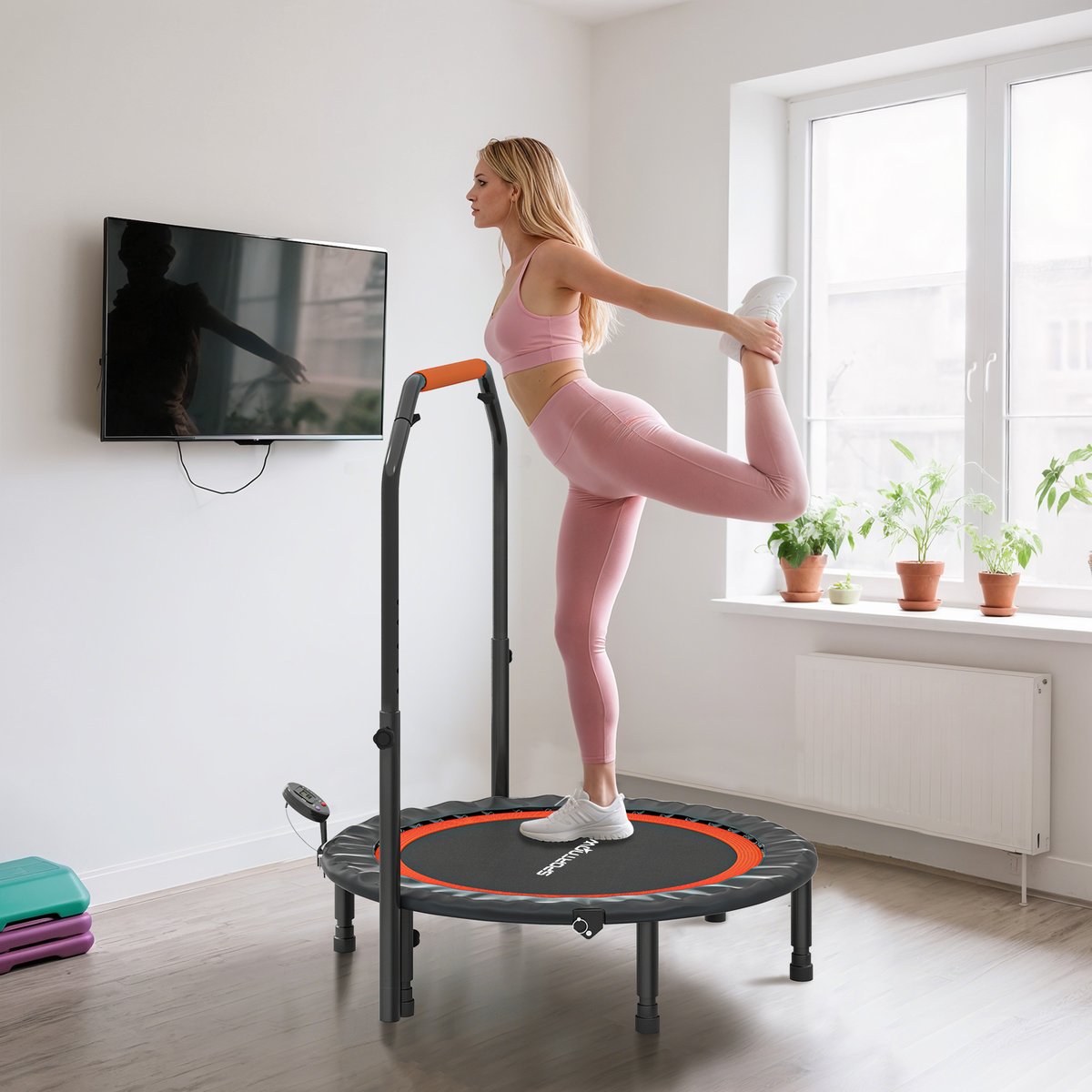 Trampoline de Fitness gym pliable réglable Ø 102 cm écran LCD noir rouge noir, HOMCOM