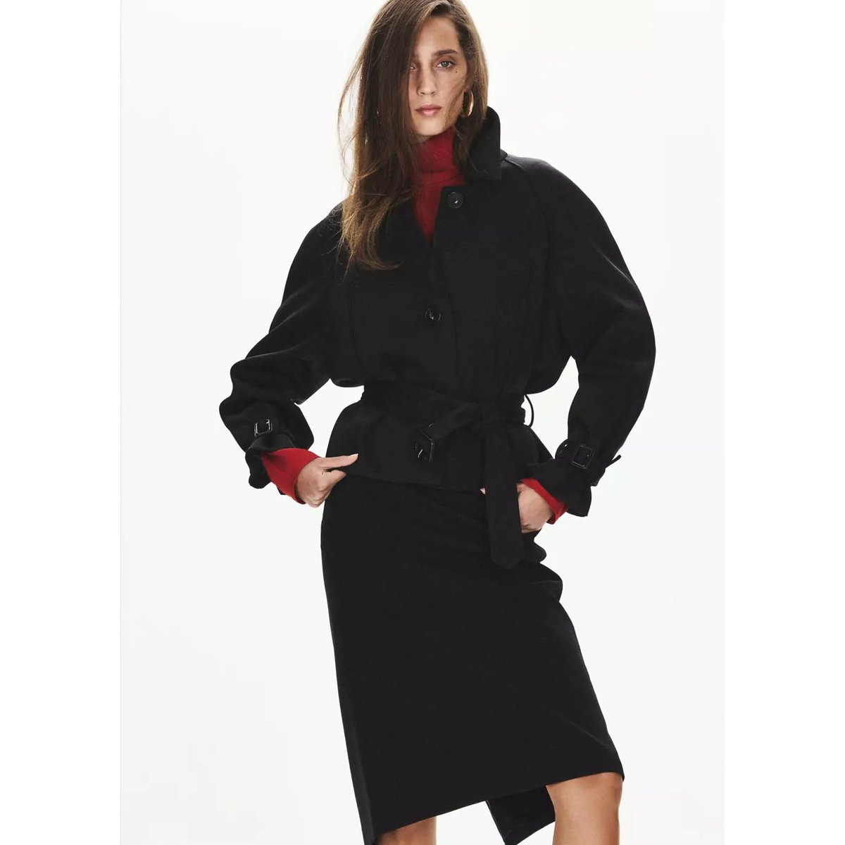 Veste col chemise ceinture noir, MANGO