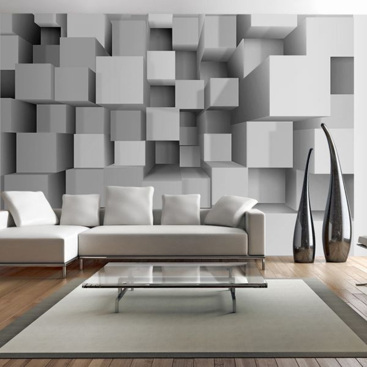 Papier peint intissé panoramique 3D et Perspective Geometric Puzzle gris / argent, EDEN