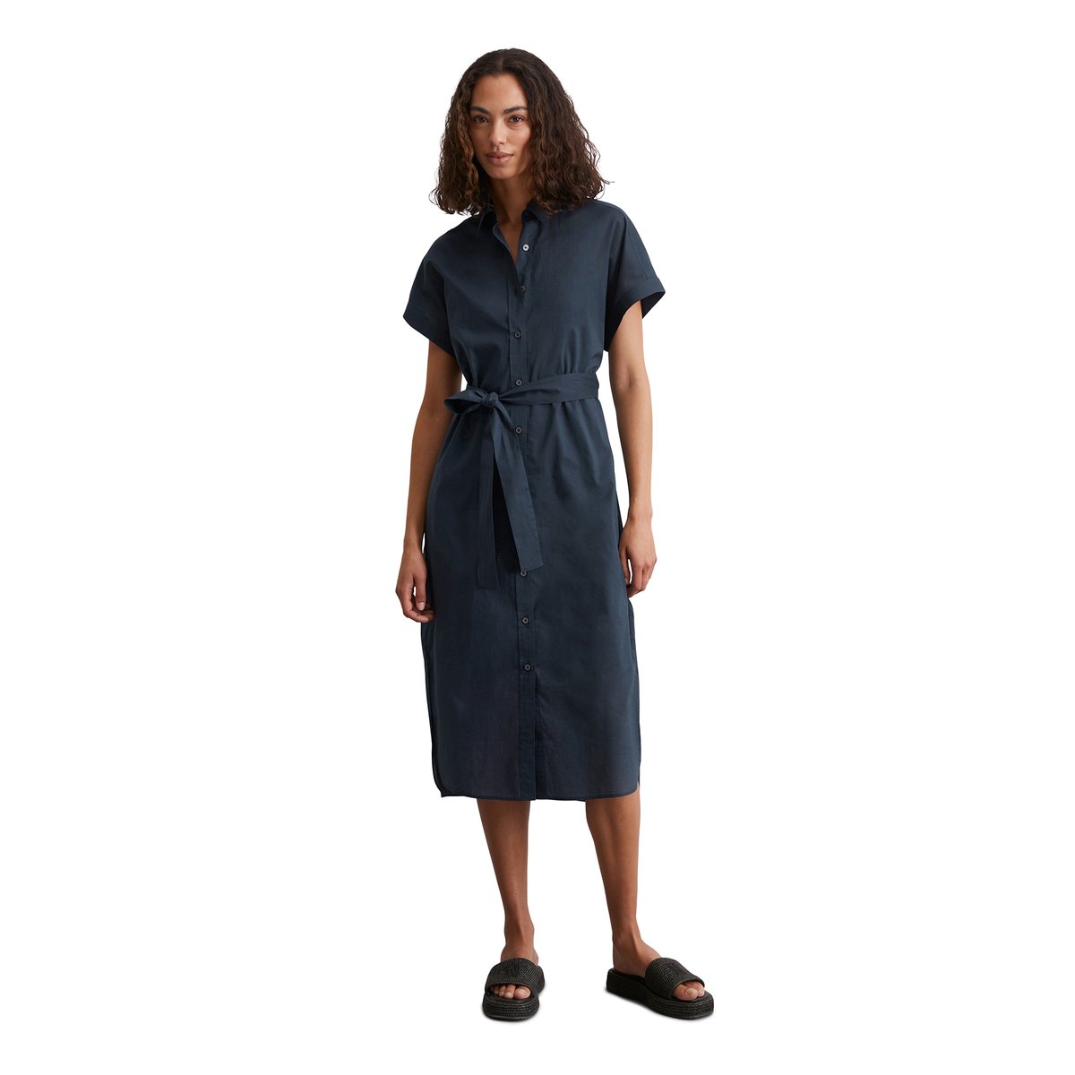 Robe chemisier relaxed en voile de coton léger bleu foncé, MARC O'POLO