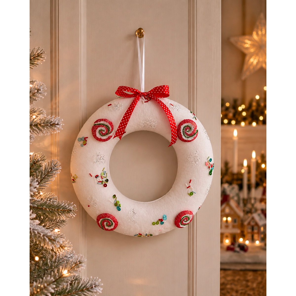 Couronne de Noël a suspendre effet velours Blanche 25 cm blanc, EDEN