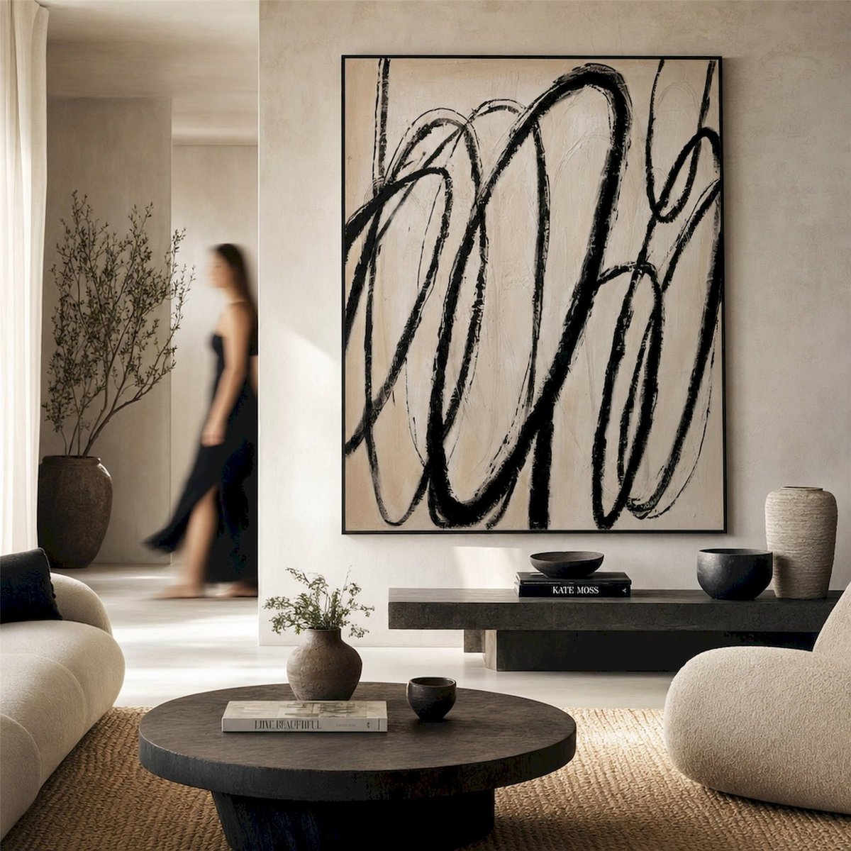 Tableau abstrait anneaux sur toile et pin beige et noir, RECOLLECTION