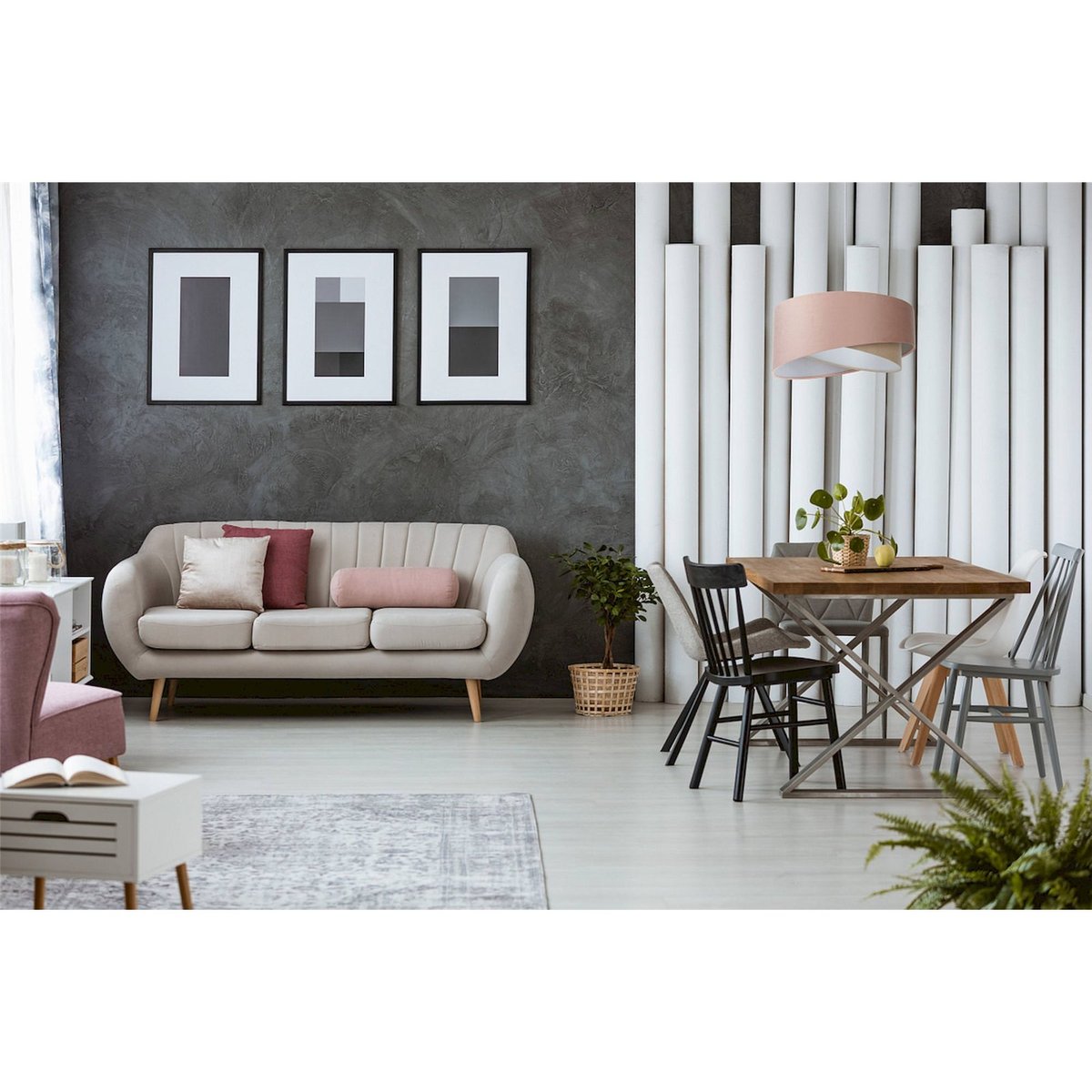 Suspension ronde en velours lumière douce Jasmin bebe gris clair avec velours rose poudré, BPS KONCEPT