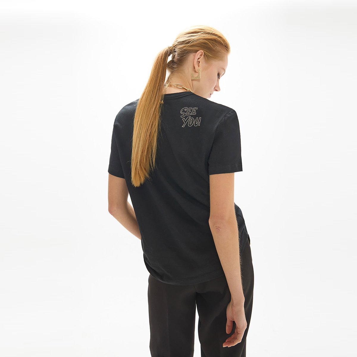 T-shirt col en V imprimé clous graphiques noir, LOLA CASADEMUNT