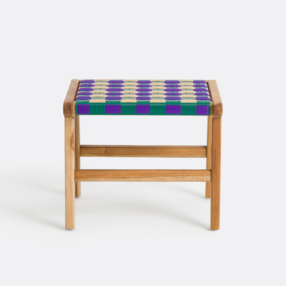 Tabouret en teck massif et résine tressée, BIANCA carreaux violet, LA REDOUTE INTERIEURS