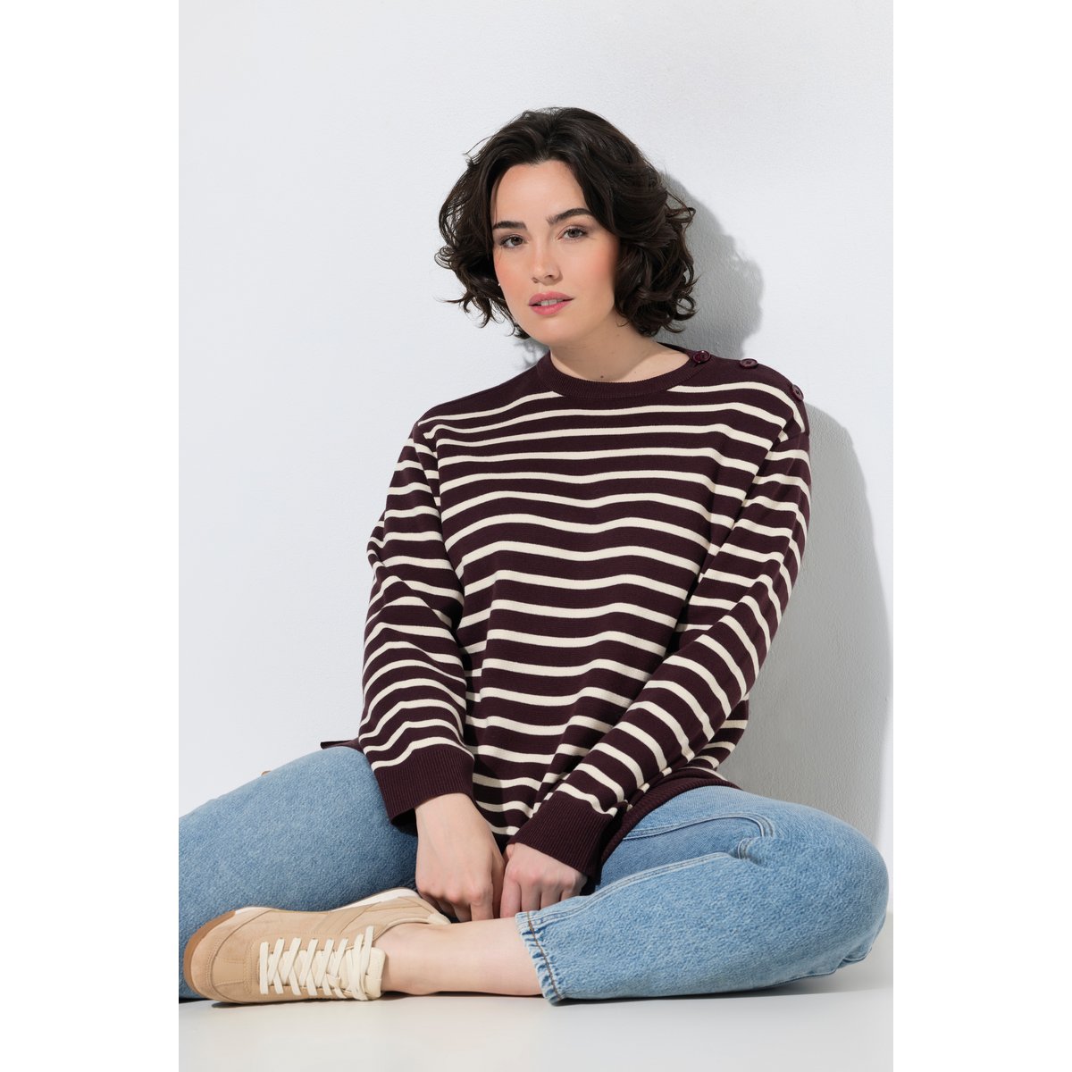 Pull rayé, patte de boutonnage acajou, ULLA POPKEN