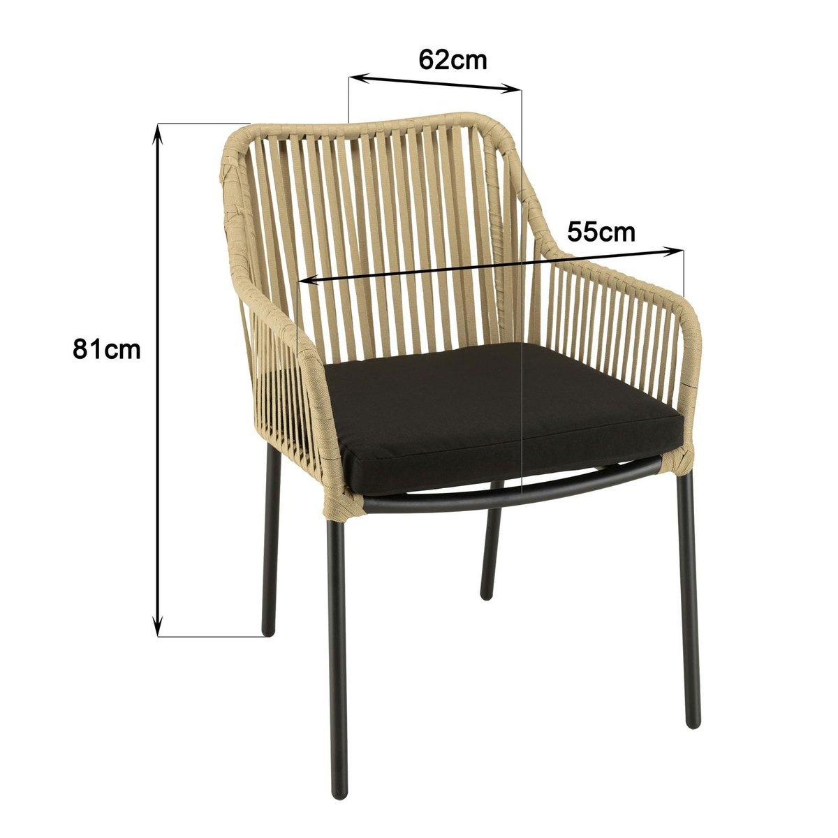 Salon de jardin 1 table ronde métal noir D70 cm - 2 fauteuils cordage couleur naturelle 1 coussin noir GIJON noir, PIER IMPORT