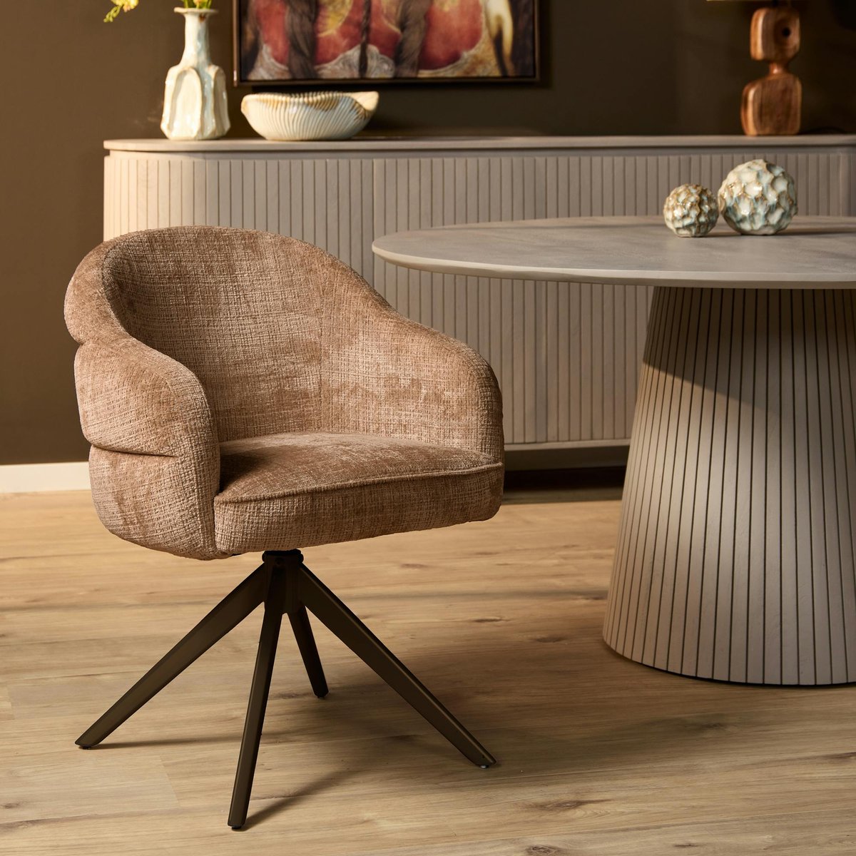 Chaise arrondie pivotante dossier structuré (lot de 2) CORTINA marron, PIER IMPORT