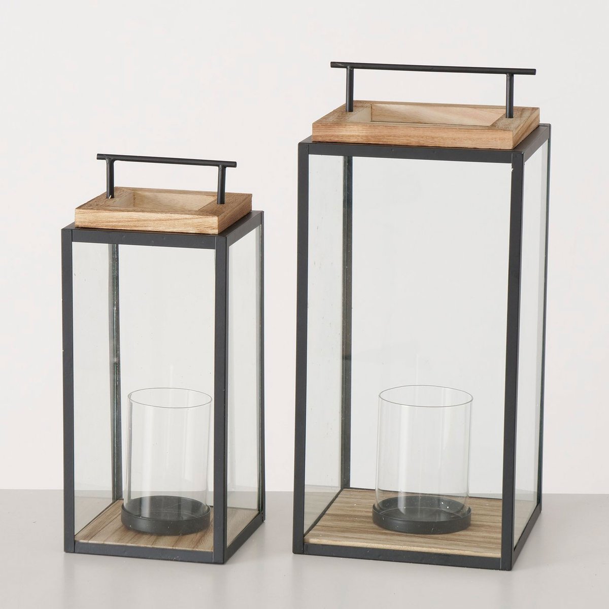 Set de 2 lanternes en métal noir et bois 20x20x45cm bois, WADIGA