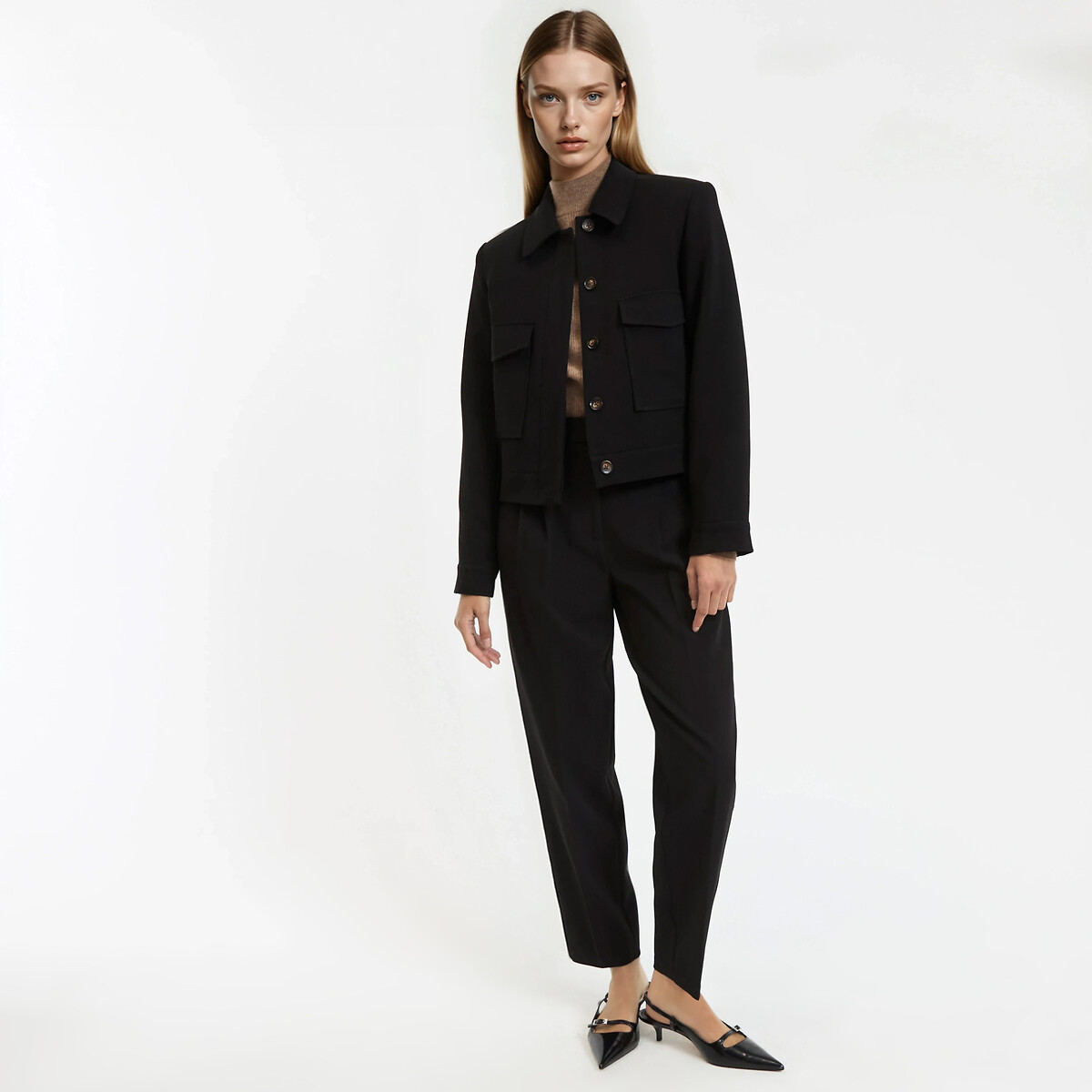 Cropped Oversize Buttoned Jacket black, LA REDOUTE COLLECTIONS