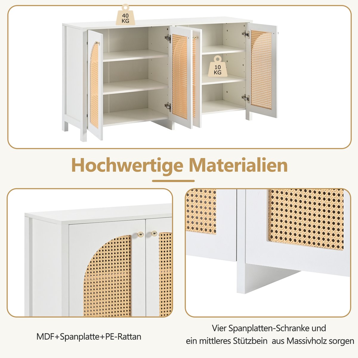 Armoire de rangement avec 4 portes et 6 couches et portes en rotin tressé, NOVAKB Armoire blanc, MEUBLES COSY
