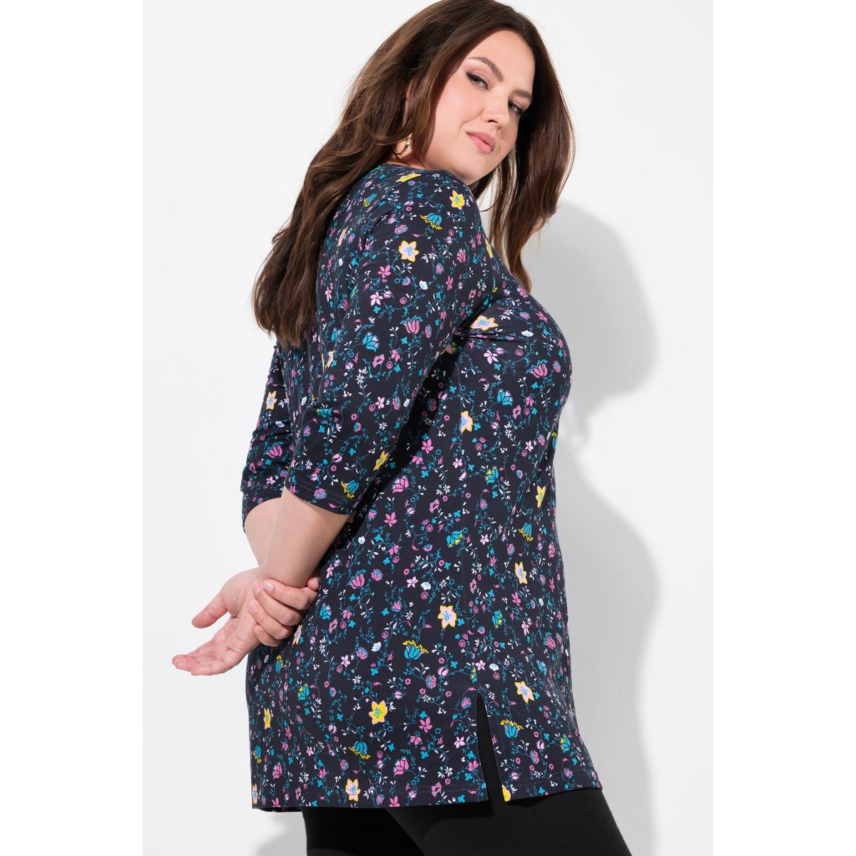 T-shirt long à fleurs noir, ULLA POPKEN