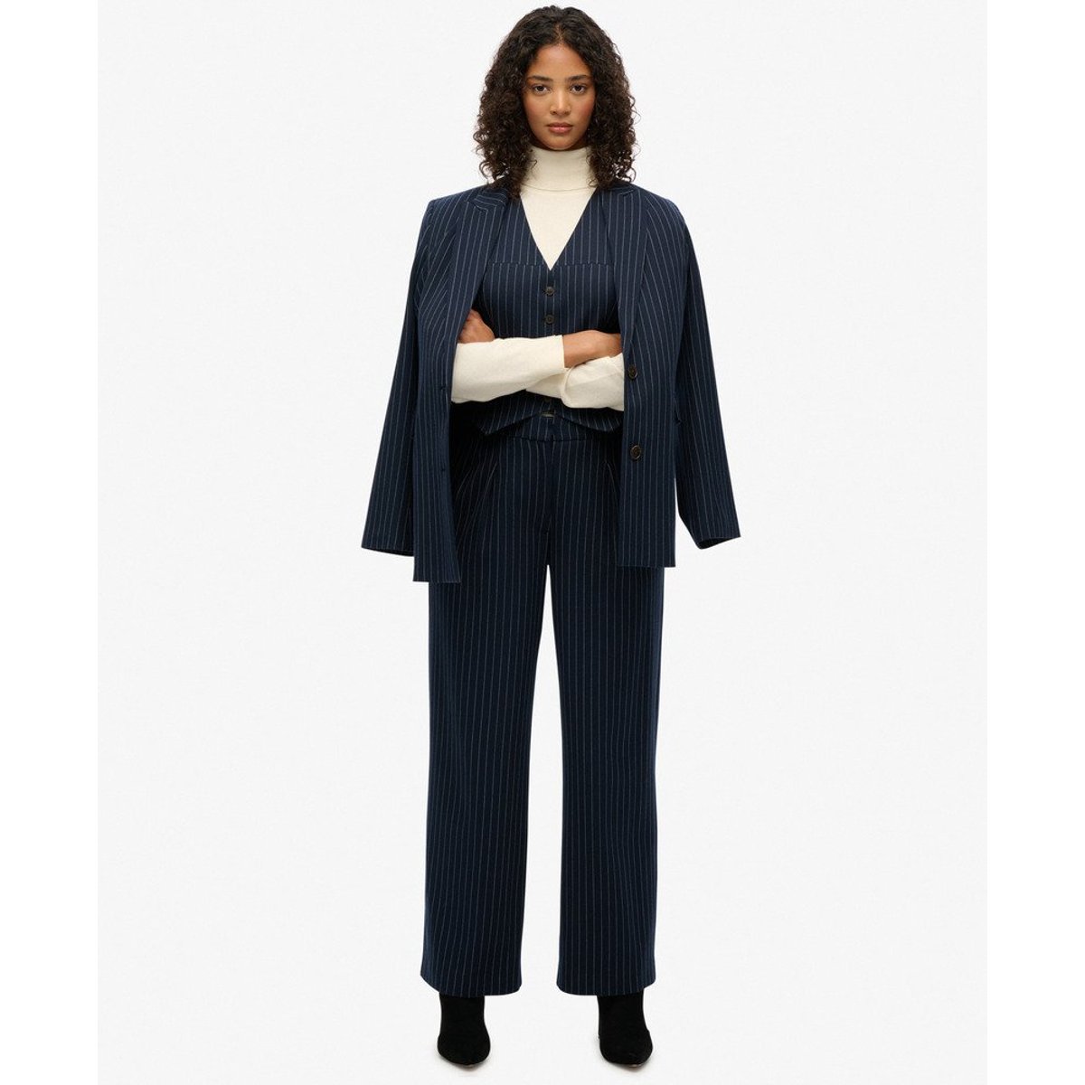 Pantalon Pinstripe Taille Haute Coupe Classique rayures tennis bleu marine, SUPERDRY