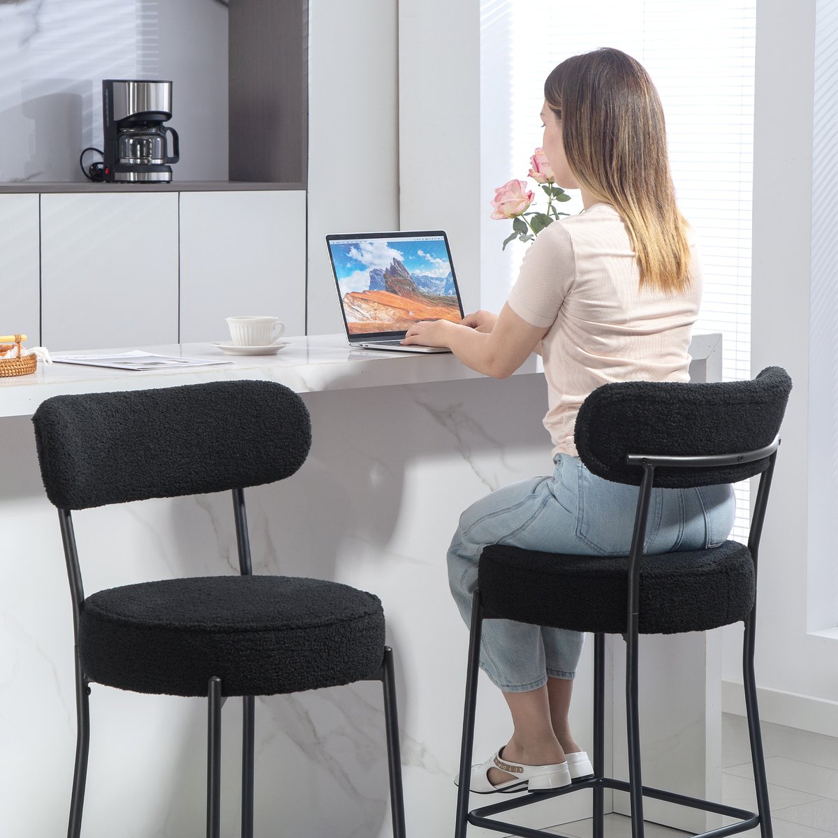 Tabouret de bar Tissu bouclette Noir noir, HOMCOM