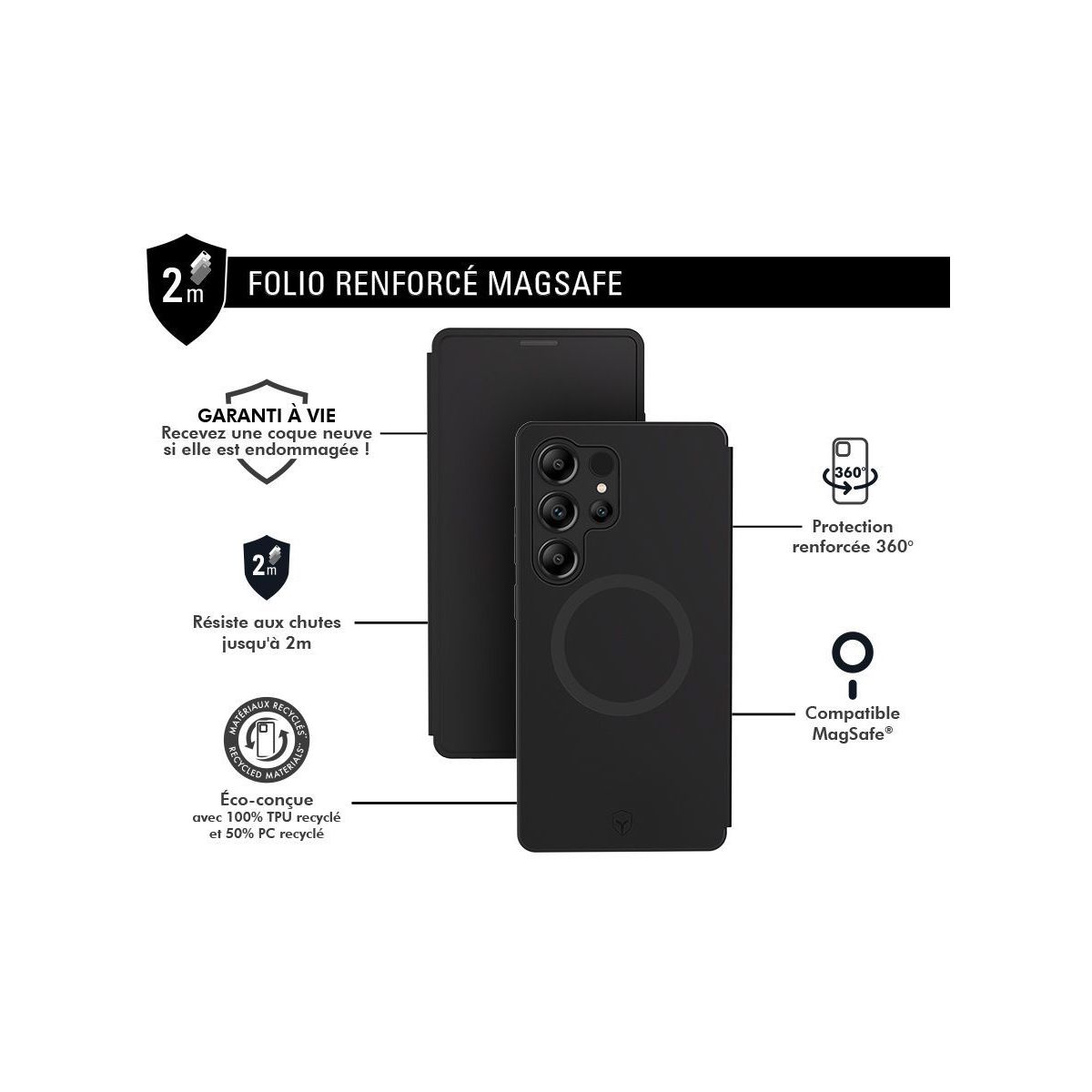 Coque étui Samsung S25 Ultra  Magnet Noir couleur unique, FORCE CASE