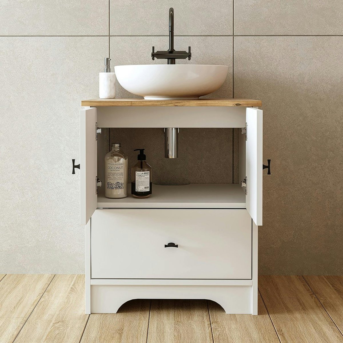 Meuble vasque salle de bains 60 cm blanc 2 portes 1 tiroir DOUNA blanc, PIER IMPORT