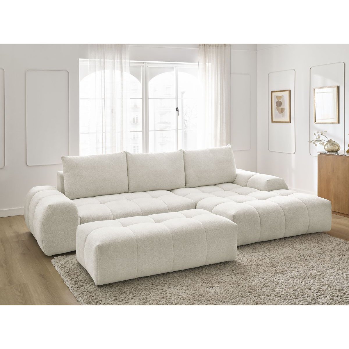 Canapé d'angle convertible 4 places en tissu chiné avec pouf, EVEREST blanc, BOBOCHIC