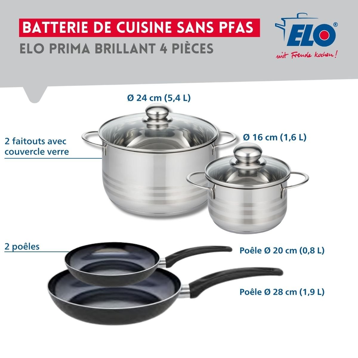 Batterie 2 poêles 20/28cm + 2 faitouts 16/24cm PRIMA BRILLANT noir, ELO