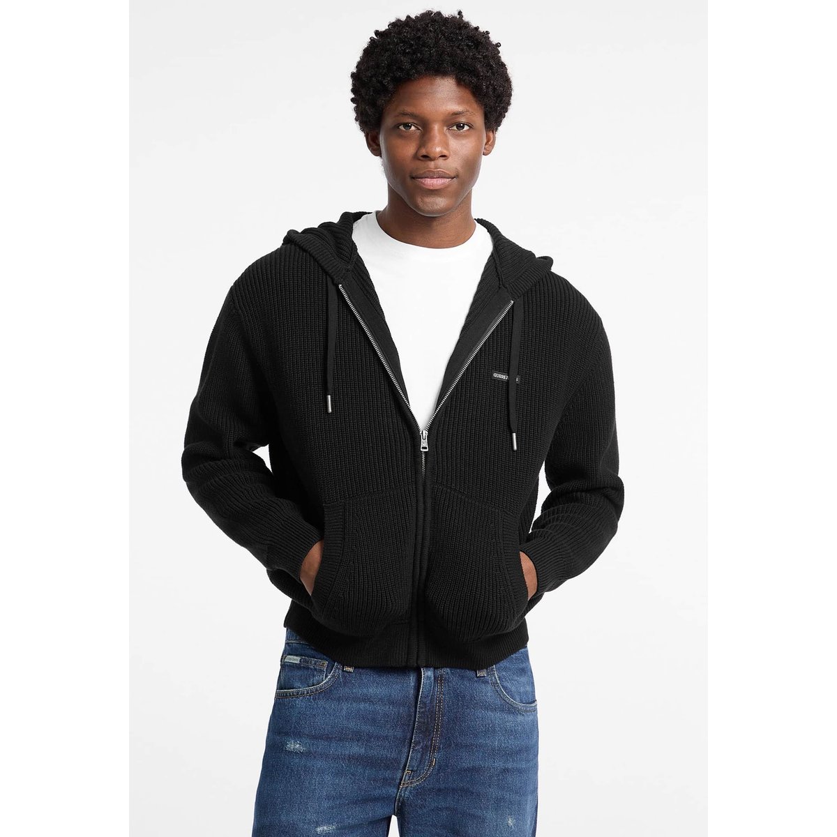 Pull Zippé À Capuche noir, GUESS JEANS