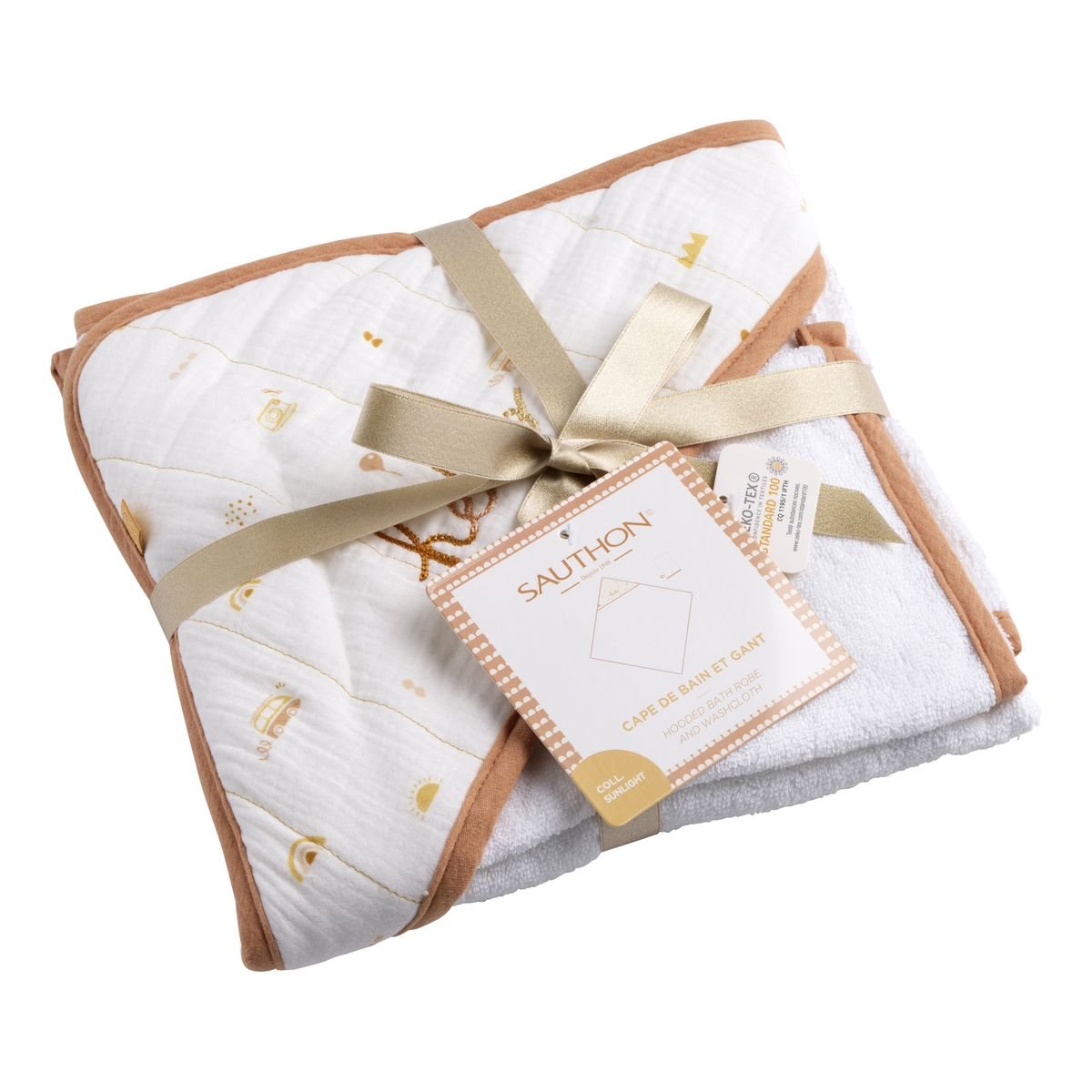 Cape de bain et gant en coton blanc, SAUTHON