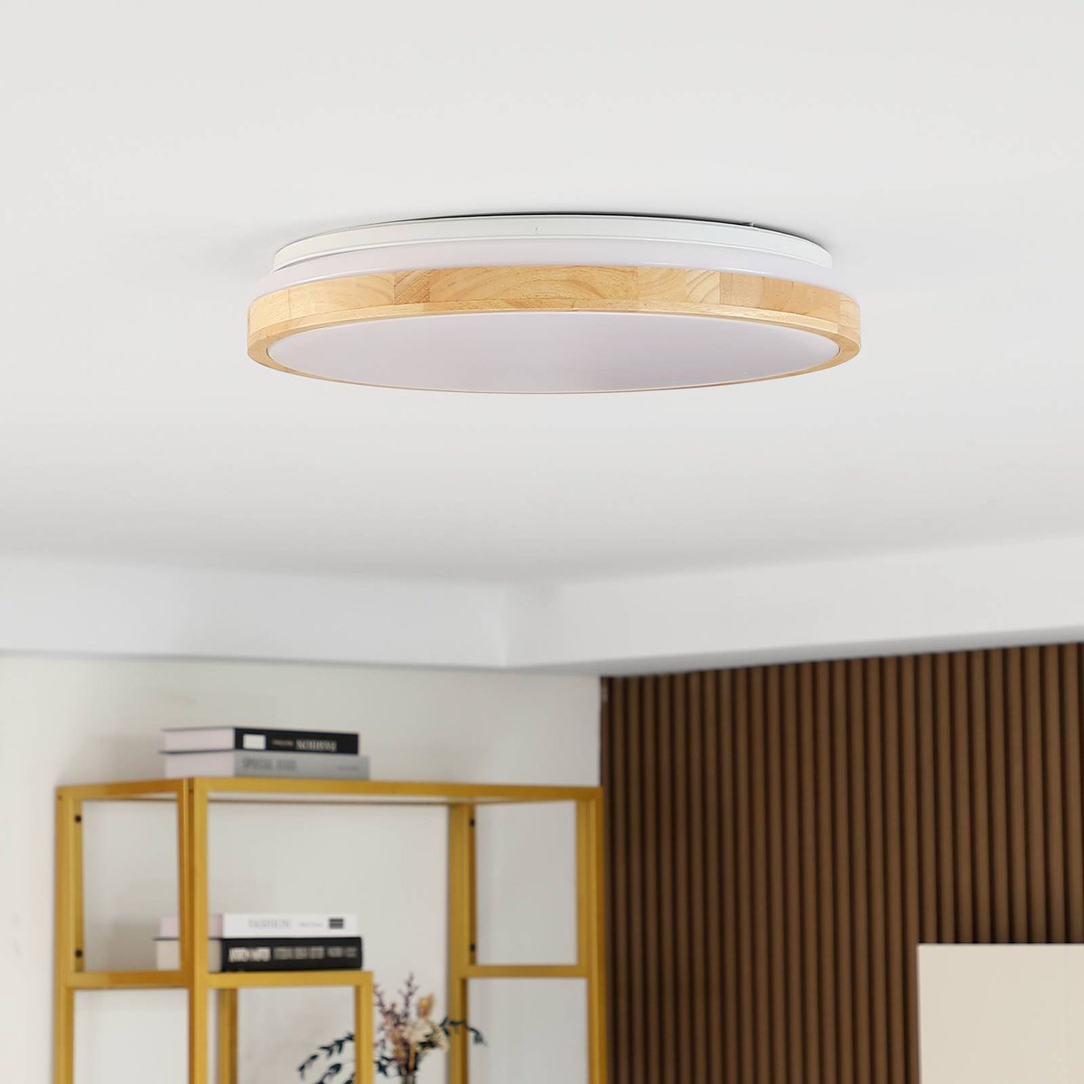 Plafonnier en bois moderneLED, Emiva bois clair, blanc, LINDBY