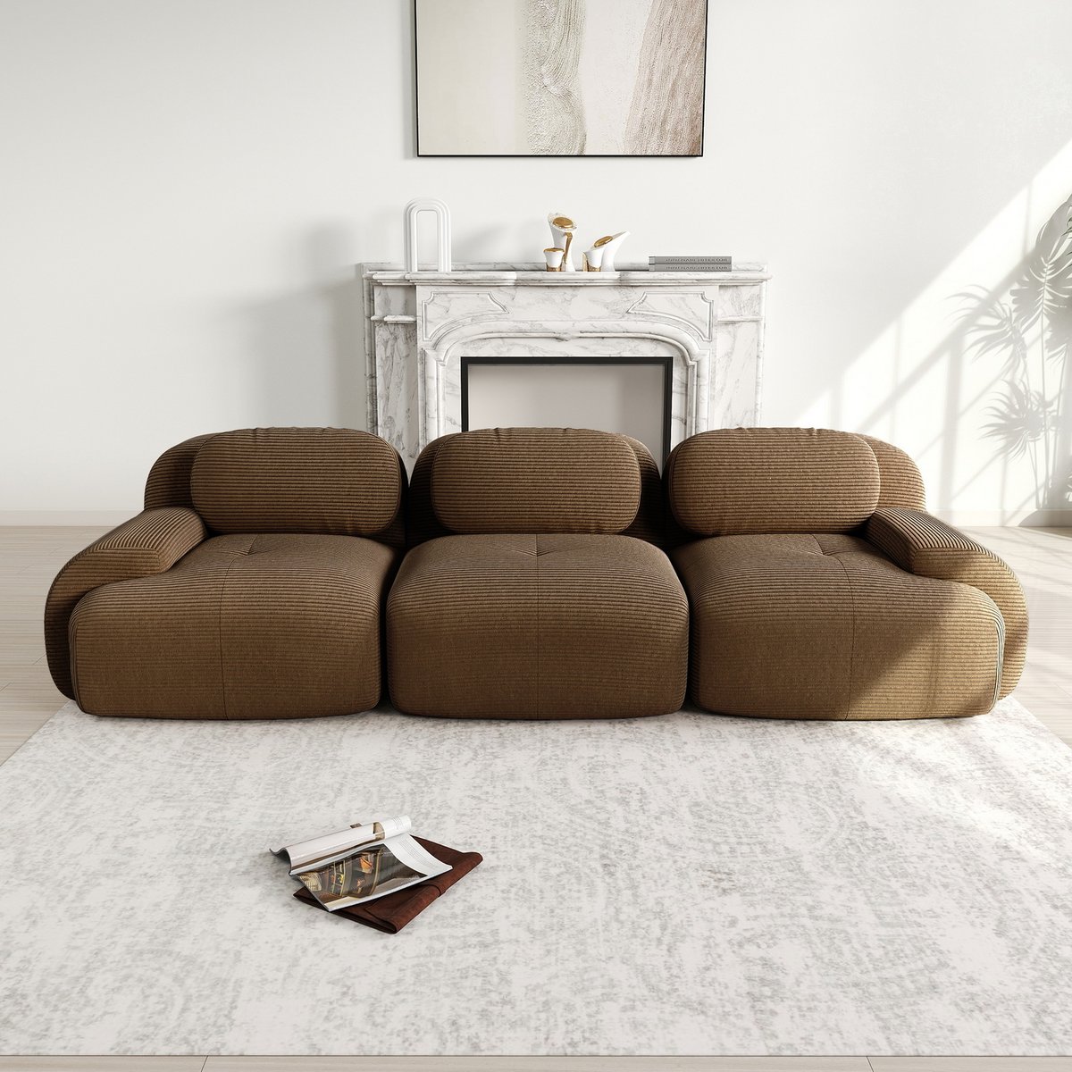 Canapé droit 3 places en velours côtelé design moderne, SNOW marron, MEUBLES COSY