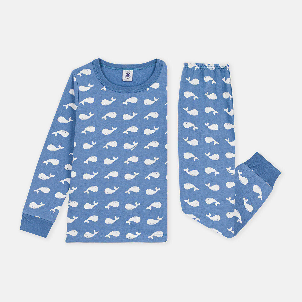 Pigiama in felpa, con stampa con balene fantasia fondo blu, PETIT BATEAU