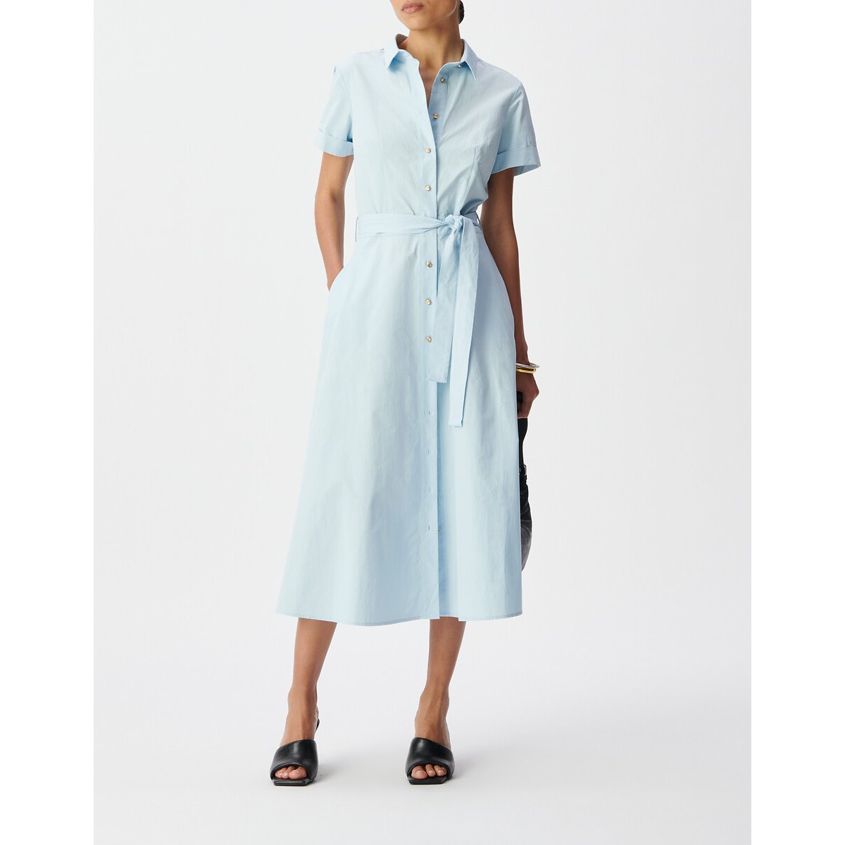 Abito camicia midi con cintura a maniche corte blu chambray, IKKS