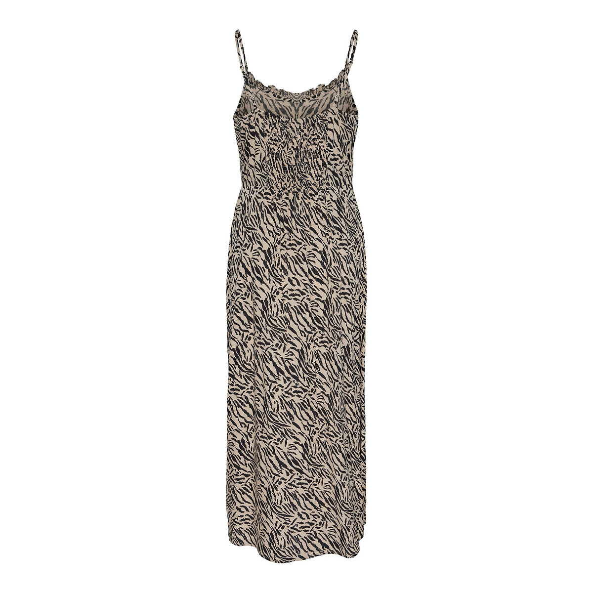 Abito lungo stampato con spalline sottili fantasia animalier, PIECES