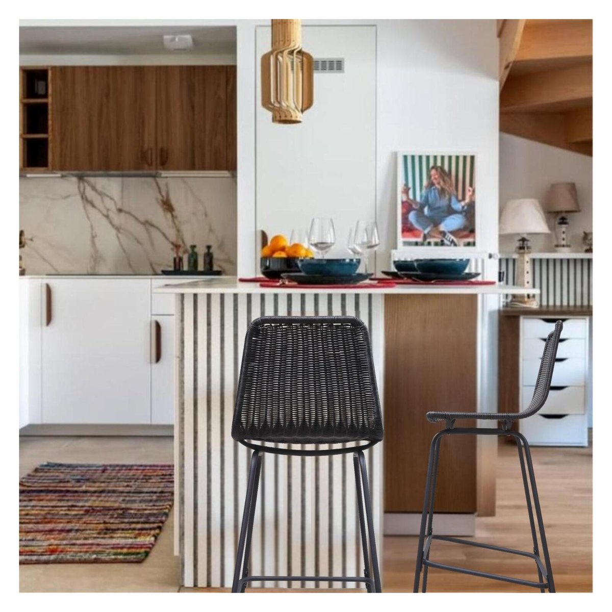 Lot de tabourets de bar et d'ilot en métal avec assise en rotin 65cm KUTA|Lot de 8 | Lot de 8 noir, MOB IN
