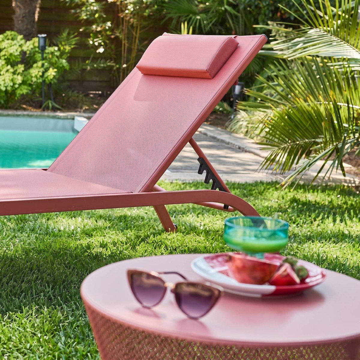 Bain de soleil acier multi positions avec coussin et roulettes (lot de 2) ONA kaki, SWEEEK