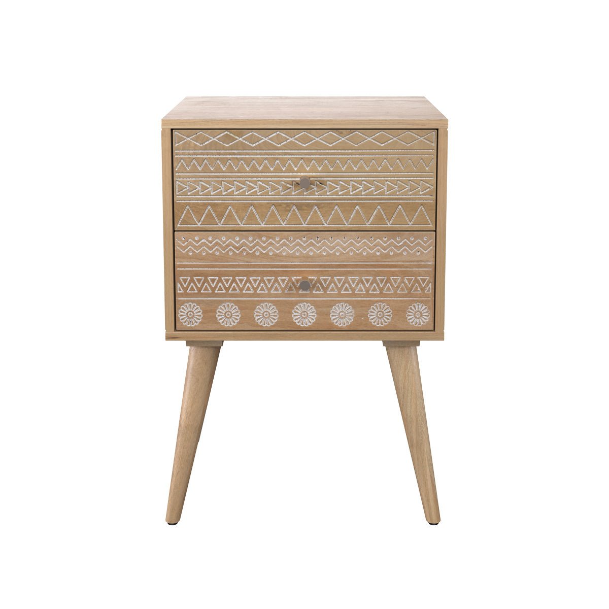 Table de chevet en bois de manguier gravé 2 tiroirs - TINY bois clair, MAISON PAVANE