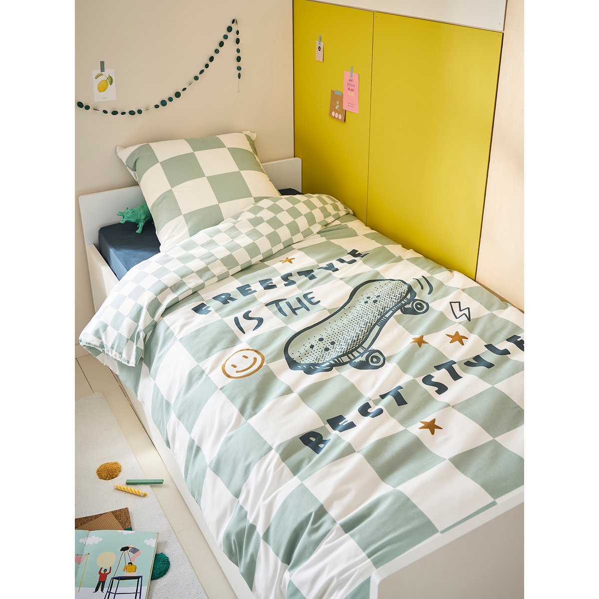 Parure housse de couette et taie d'oreiller carreaux vert, VERTBAUDET