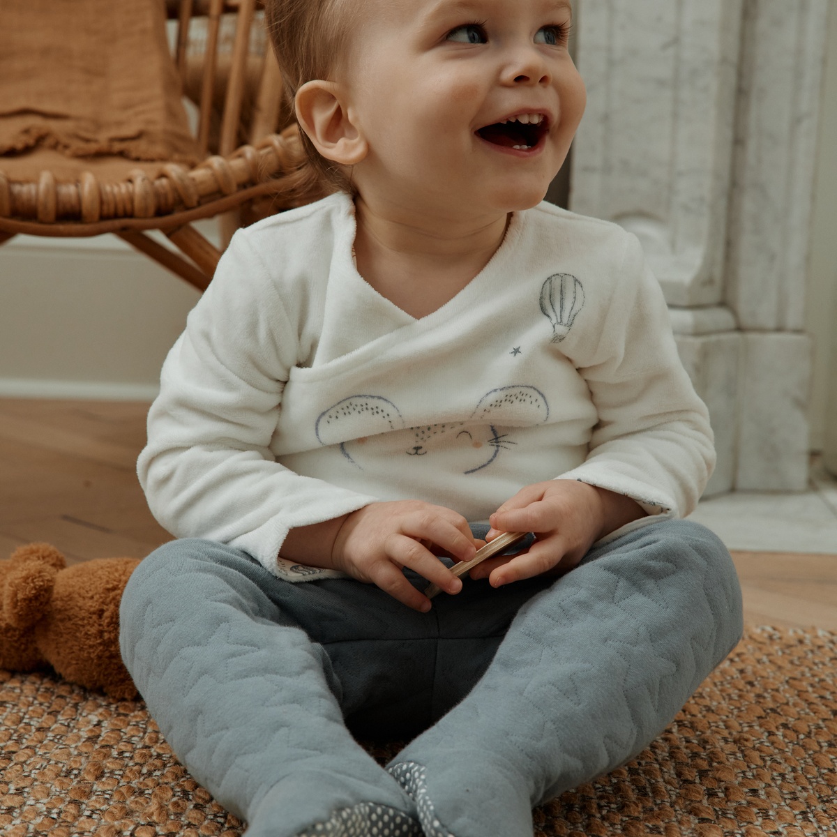 Ensemble bébé gilet en velours et pantalon en coton matelassé Rêverie bleu, PETIT BEGUIN